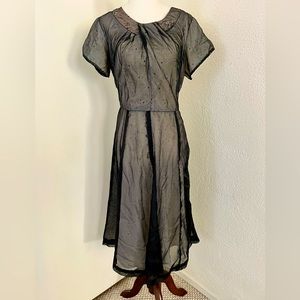 Vintage 40s 50s Little Black Dress Sheer Lined Fit & Flare Handmade Med